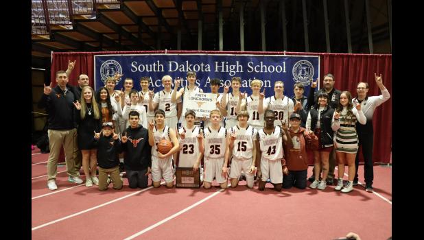 FHS Longhorns 2023 State Basketball Tournament ... Back row: Head Coach Travis Grueb, Assistant Coach Brock Williams, Drew Harper, Matthew Gray, Rylan Palmer, Jess Harper, Caden Selby, Teancum Maxwell, Jackson Schauer, Brigg Price, Waycee Nelson, Klayte McLellan, Assistant Coach Kelly Daughters, and Assistant Coach Doug Schauer. Middle row: Manager Kimber Fees, Manager Journey King, Assistant Coach Derik Trainor, Manager Olivia Spencer, and Manager Kinley Kirkley. Front row: Water boy Trason Grueb, Jacob Maxwell, Krece Halligan, Cooper Schuelke, Tace Berglund, Tyon Arneson, Victor Ilesanmi, and Statistician Chizum Johnson. Photo courtesy Alison Grueb