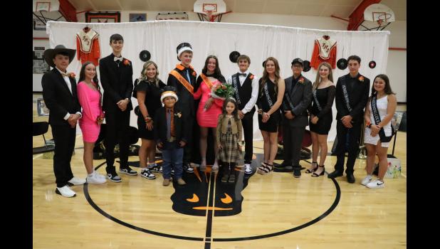FHS Homecoming Court 2023 - Back row: Royalty Court Klayte McLellan, Kinley Kirkley, Caden Selby and Skylar Vig, King Jackson Schauer, Queen Reagan Grueb, Junior Class attendants: Tyon Arneson & RyLee Price, Sophomore attendants: Chizum Johnson & Emma Spring, Freshman attendants: Jay Collins & Raynee Jones. Front row: Prince Weston Day & Princess Kylie Williams. Photo courtesy Alison Grueb