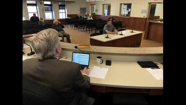 Kevin Forrester ... speaks before the Meade County Commission Tuesday. Forrester tendered his resignation as Meade County Auditor. Helen Hall Jensen was appointed to replace him. Photo courtesy Deb Holland, BH Pioneer