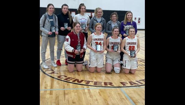 Back row: Taylee Jewett, Dupree, Rylin Rousseau, Dupree, Hadley Pihl, Harding County, Allie Kohn, Lemmon, Jaedyn Byre, Lemmon, Karlin Teigen, Harding County. Front row: Abby Thompson, Bison, TyAnn Mortenson, Faith, Shada Selby, Faith, Cassidy Schuelke, Faith.