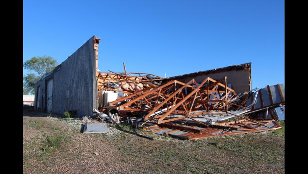 B & B Sales and All Star Auto building along North Side of Highway 14 in Philip was a total loss Saturday, with the high winds taking the roof and moving all that was inside.