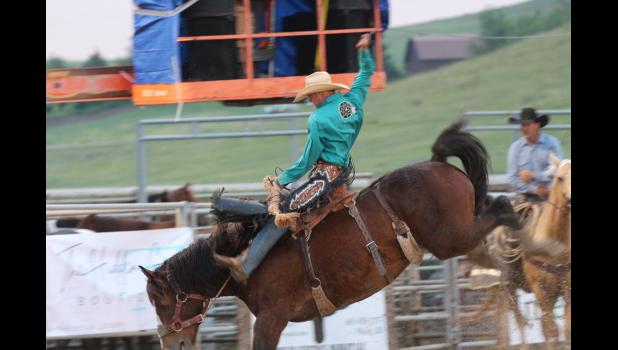 Cash Deal, looks to be enjoying the ride during the first round of the rain soaked Philip Matched Bronc Ride, Saturday.