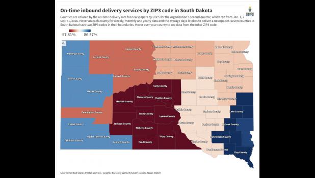 Map shows counties on-time delivery rate for newspapers by USPS for the organization's second quarter, which ran from Jan. 1, 2026 to Mar. 31, 2026. Weekly, monthly and yearly data and the average days it takes to deliver a newspaper are shown to the left. Seven counties in South Dakota have two ZIP3 codes in their boundaries. Inbound map on page 2.