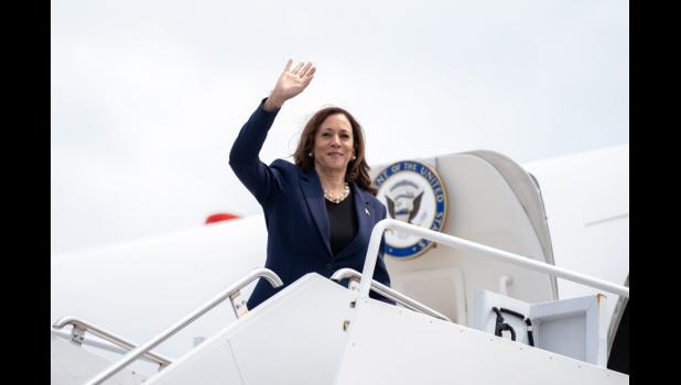 Vice President Kamala Harris departs Milwaukee Mitchell International Airport aboard Air Force 2, after speaking at a campaign rally inside West Allis Central High School on July 23, 2024, in Milwaukee, Wisconsin. Jim Vondruska/Getty Images