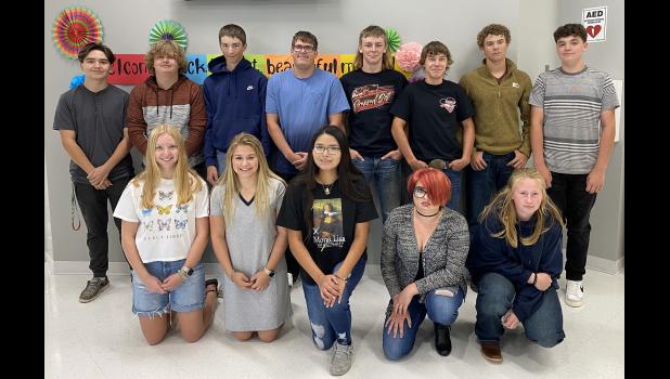 Back Row: Garrett Holzer, Cohen Palmer, Travis Storm, Mason Pier, Braydon Grimes, Josh Cook, Kaden Green, Tanner Helms. Front Row: Maddie Hulm, Allison Kahler, MaryAnn Lara, Destiney Wise, Jetta Hulm.