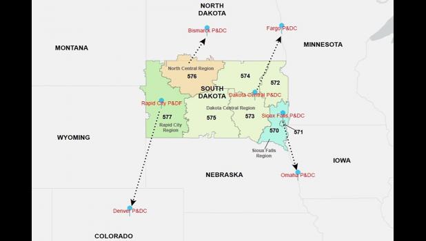 A map shows where mail in South Dakota has gone for out-of-state processing since the Postal Service consolidated regional processing and distribution centers. Courtesy of Postal Service Office of Inspector General