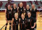 8th Grade Champions ... Back row: Katie Sheridan, Bridgett Lemmel, TyAnn Mortenson, Skylar Vig, and Coach Jordyn Simonson. Front row: Kambelle Schauer, Tandee Nelson, and Rebekah Hyman Photo courtesy Amie Schauer