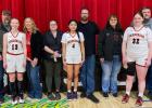 Parents Night was held February 6th when the Cardinals hosted McIntosh. Pictured are Maddie Hulm with parents Brent and Cindy Hulm, MaryAnn Lara with parents Andrea Block and Shiloh Lorius, Abby Thompson with parents Angie and Scott Thompson.