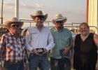 Traylin Martin(second from left) ... receiving the winning buckle from Pedro’s parents Nicole and Lee Dennis with Stock Show president Blaze McMurtry. Photo courtesy Gnene Fordyce